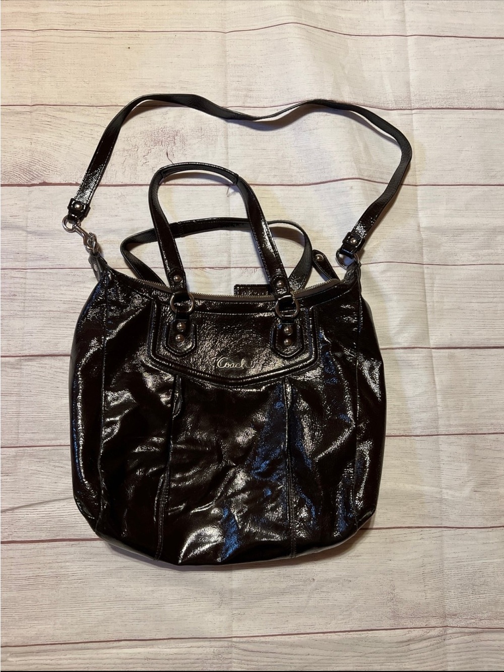 Coach Brown Patent Leather Ashley Shoulder Tote